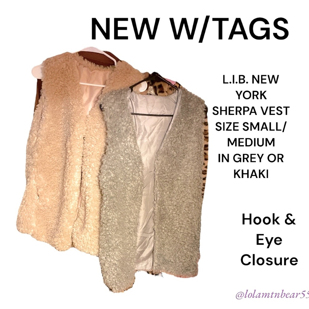 L.I.B.NEW YORK BOUTIQUE SHERPA VESTS- GREY OR KHAKI-HOOK & EYE CLOSURE SZ SM/MED
